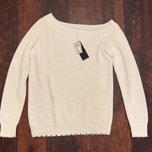 NWT Women’s Off-Shoulder Medium Off-White Rib-Knit Raw Hem bottom edge Sweater